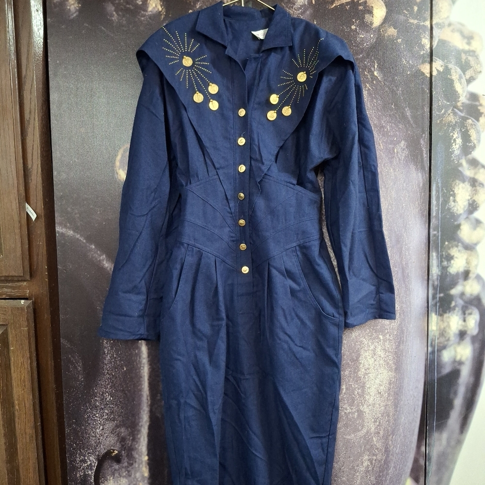 Megan Moore dress with gold like coins  on collar and buttons, color navy blue